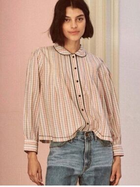 THE GREAT. Striped Peter Pan Collar Button-Down Top in Pink and Blue